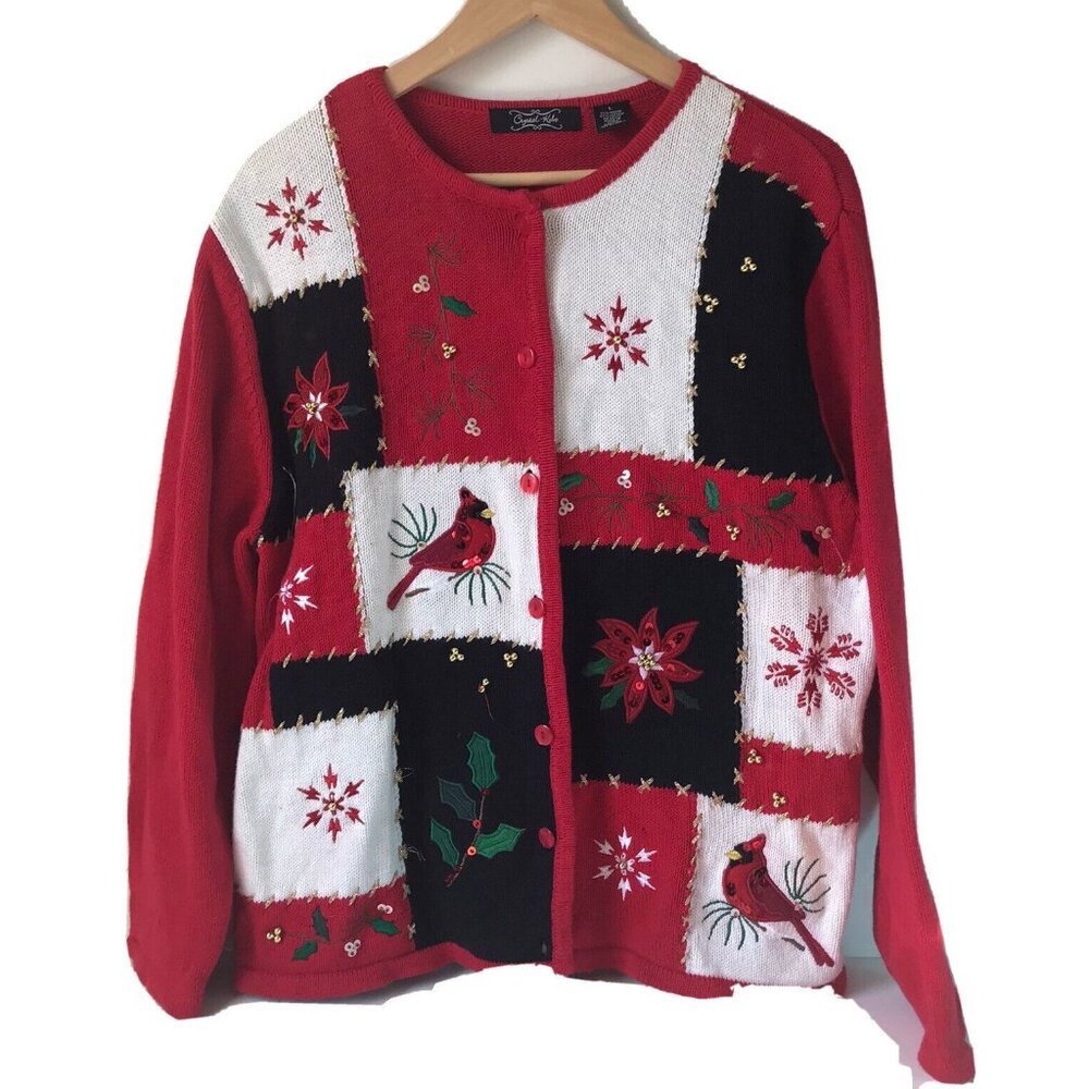 Vtg 90's Christmas patchwork cardigan ugly sweater embroidered bird MCM size L